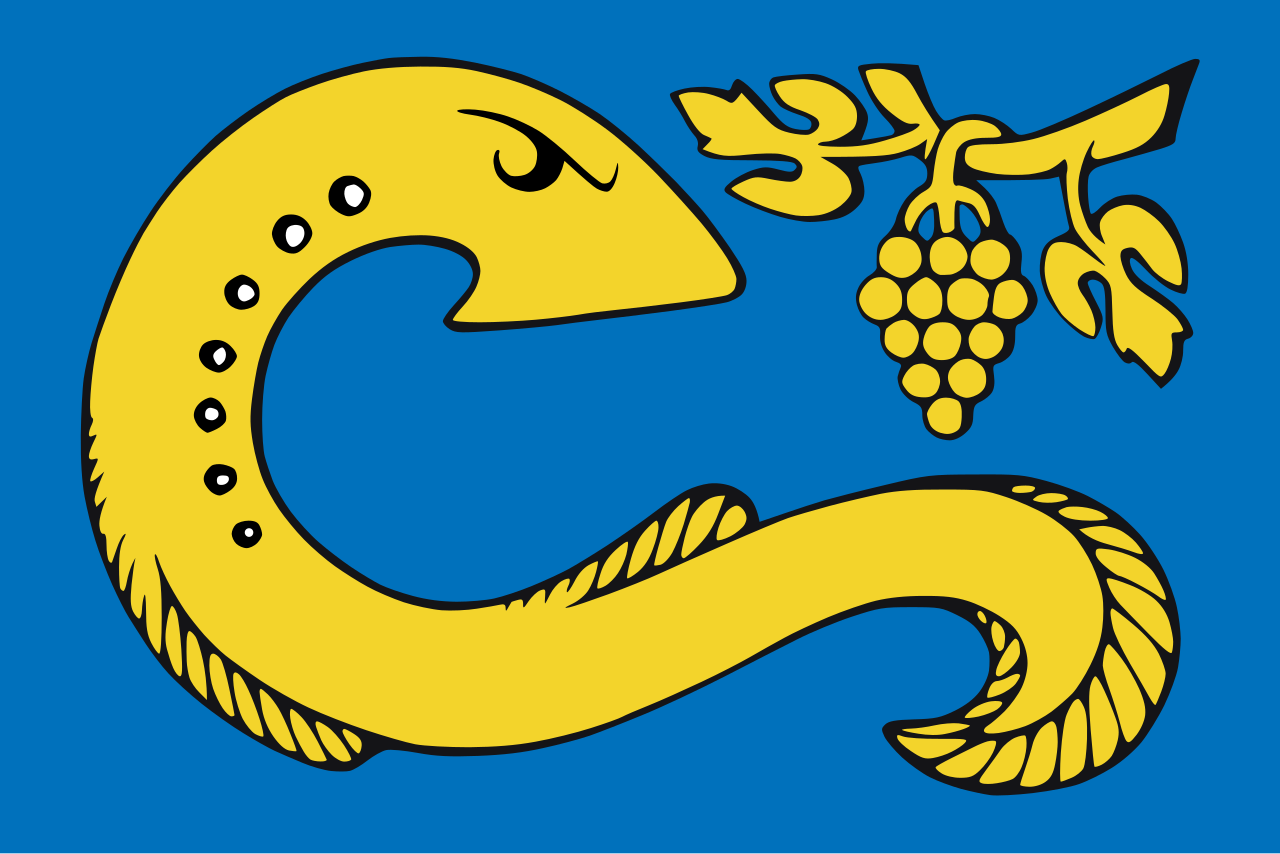 Fiesta de la Lamprea en Arbo 1 Bandera de Arbo (Galicia) con una lamprea y un racimo de uvas