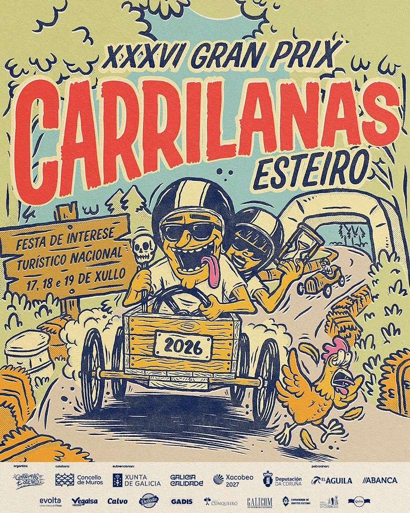 Cartel de XXXVI Gran Prix Carrilanas Esteiro 2026, del 17 al 19 de julio, diseño Guillotina Estudio
