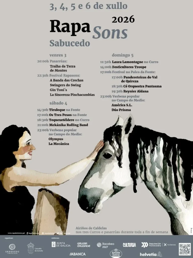 Cartel del RapaSons 2026 de la Rapa das Bestas en Sabucedo, ilustración de mujer acariciando a un caballo por Rosa de Cabanas, 3 a 6 julio 2026
