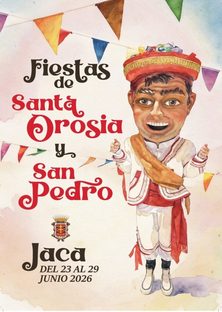 Cartel oficial de las fiestas de Santa Orosia y San Pedro de Jaca 2026, del 23 al 29 de junio, con ilustración de un cabezudo
