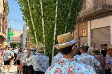 Cosieters transportando una albahaca gigante en la Festa de les Alfàbegues de Bétera en 2025